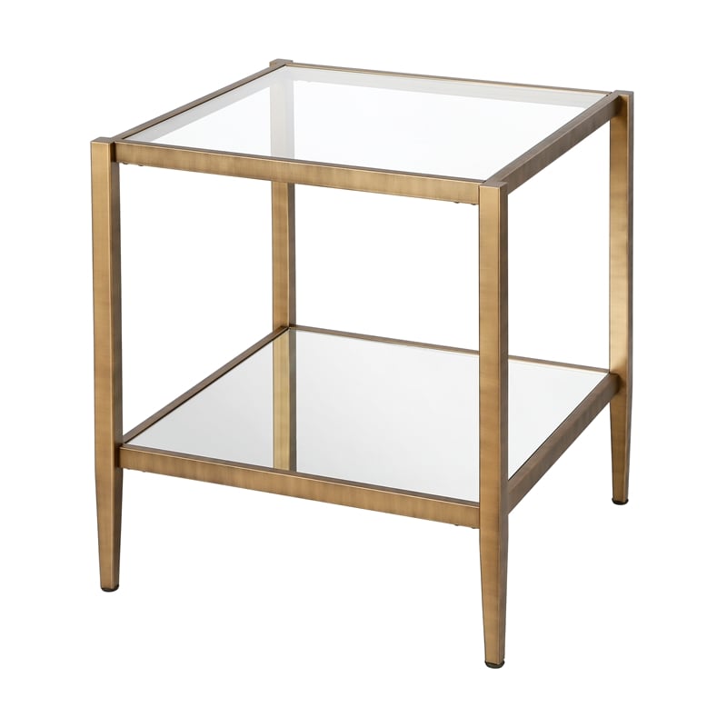 Pemberly Row Modern Metal Glam Side Table with Mirrored Shelf in Brass