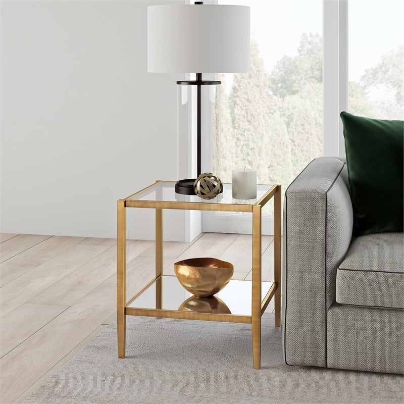 Pemberly Row Modern Metal Glam Side Table with Mirrored Shelf in Brass
