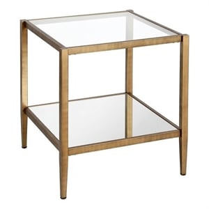 Pemberly Row Modern Metal Glam Side Table with Mirrored Shelf in Brass