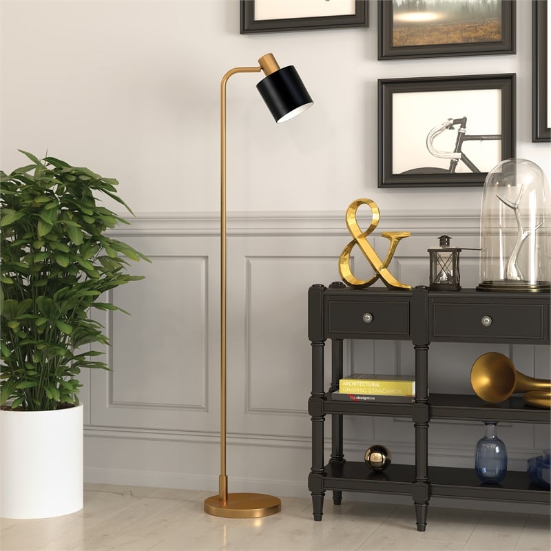 Pemberly Row Industrial Metal Brass Base Floor Lamp with Black Metal Shade