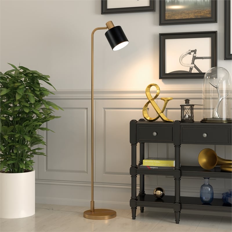 Pemberly Row Industrial Metal Brass Base Floor Lamp with Black Metal Shade