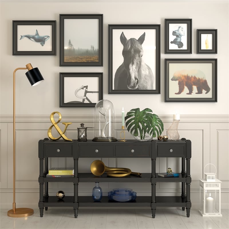 Pemberly Row Industrial Metal Brass Base Floor Lamp with Black Metal Shade