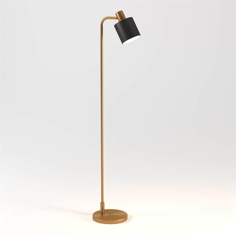 Pemberly Row Industrial Metal Brass Base Floor Lamp with Black Metal Shade