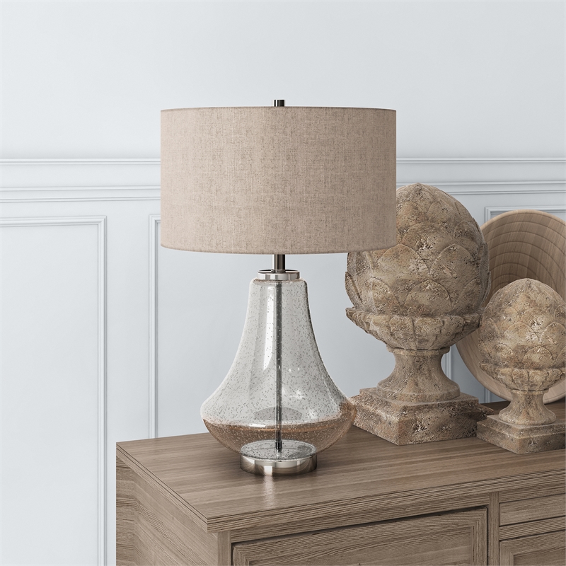 Pemberly Row Modern Farmhouse Nickel and Gray Table Lamp with Seeded Glass Shade