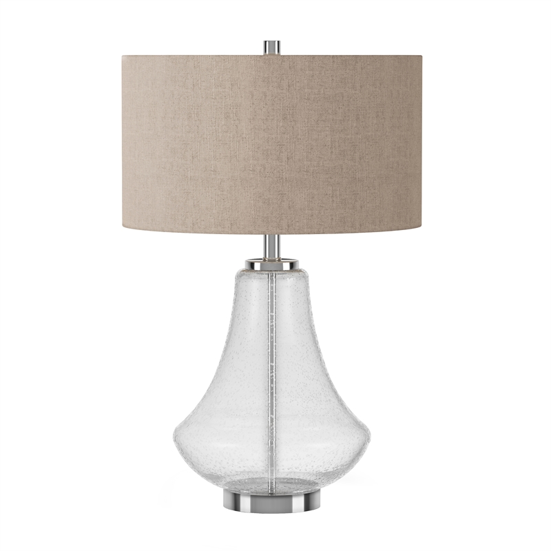 Pemberly Row Modern Farmhouse Nickel and Gray Table Lamp with Seeded Glass Shade