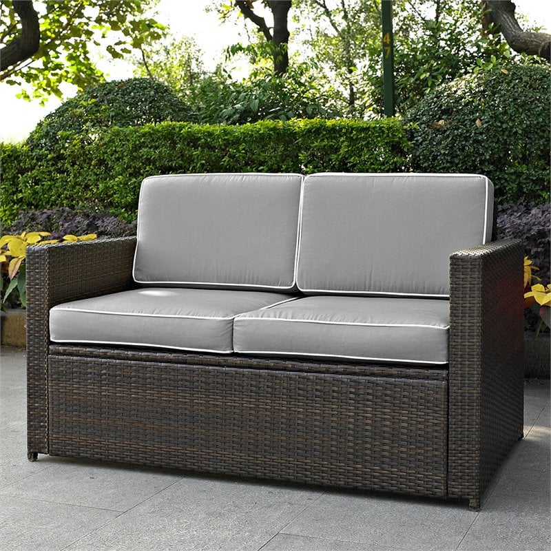 Pemberly Row Wicker Patio Loveseat in Brown and Gray