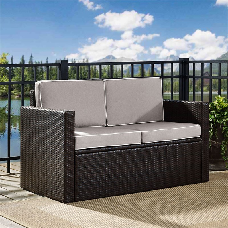 Pemberly Row Wicker Patio Loveseat in Brown and Gray