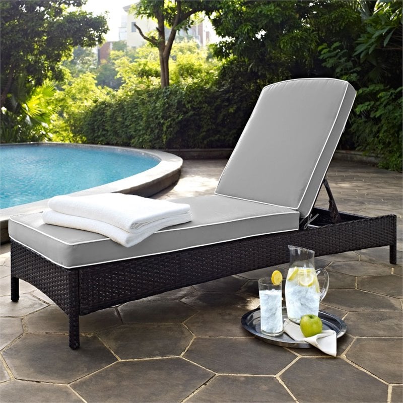 Pemberly Row Wicker Patio Chaise Lounge in Brown and Gray