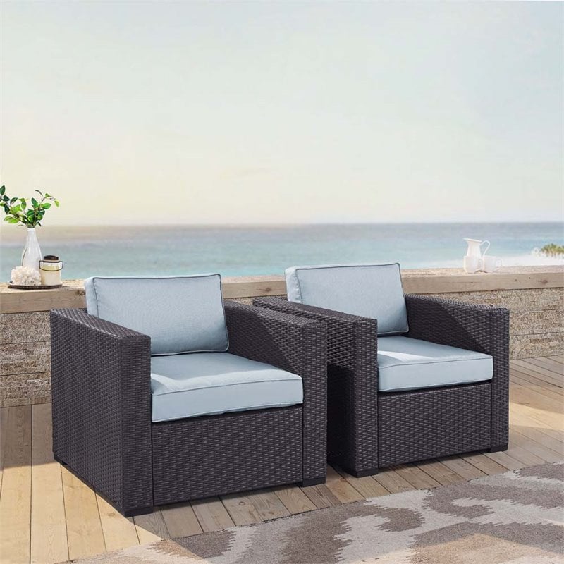 Pemberly Row Wicker Patio Arm Chair in Brown and Mist (Set of 2)