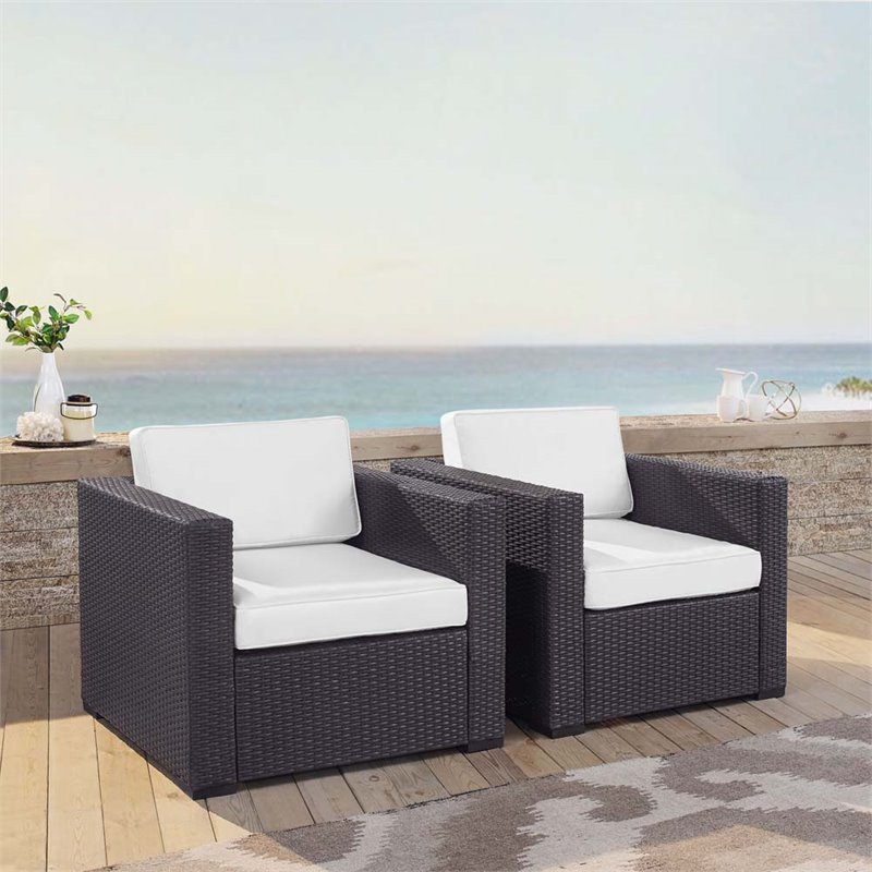 Pemberly Row Wicker Patio Arm Chair in Brown and White (Set of 2)