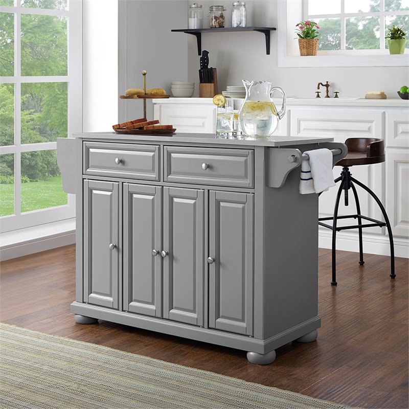 Pemberly Row Traditional Wood/Stainless Steel Kitchen Island in Gray/Chrome