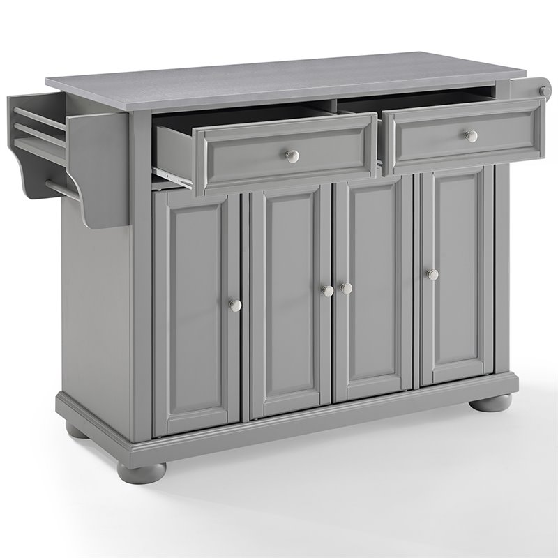 Pemberly Row Traditional Wood/Stainless Steel Kitchen Island in Gray/Chrome