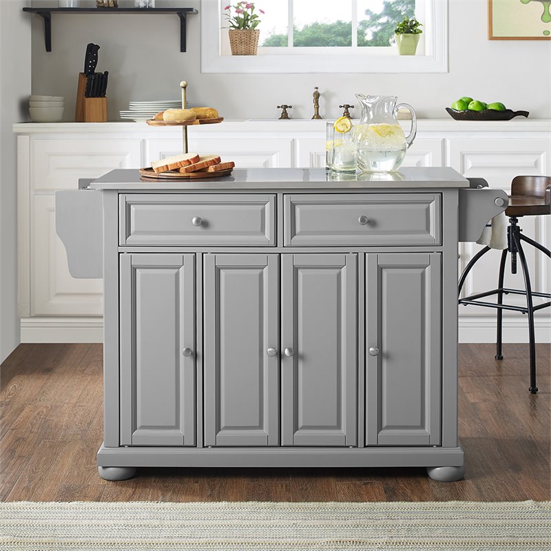 Pemberly Row Traditional Wood/Stainless Steel Kitchen Island in Gray/Chrome
