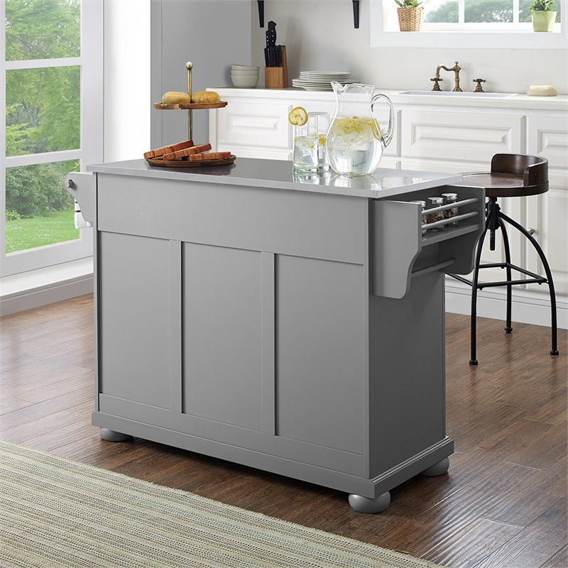 Pemberly Row Traditional Wood/Stainless Steel Kitchen Island in Gray/Chrome