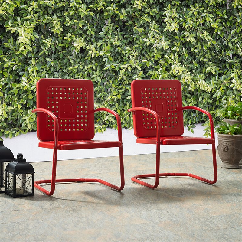 Pemberly Row Industrial Metal Patio Chair in Bright Red Gloss (Set of 2)