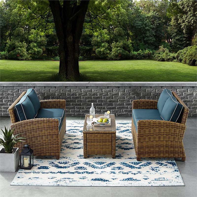 Pemberly Row 3-Piece Wicker / Rattan Patio Sofa Set in Navy/Weathered Brown