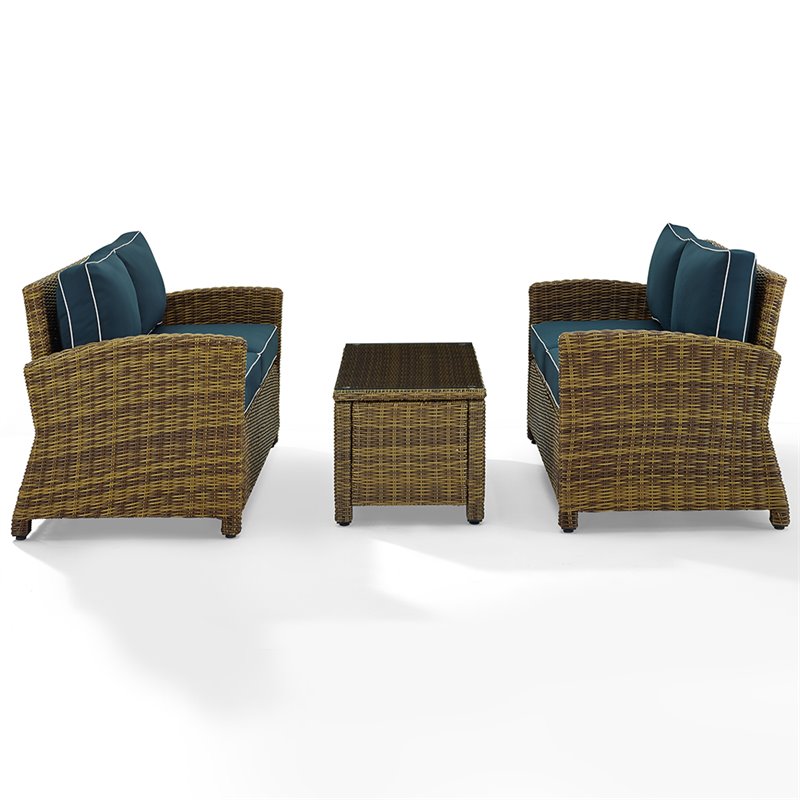 Pemberly Row 3-Piece Wicker / Rattan Patio Sofa Set in Navy/Weathered Brown