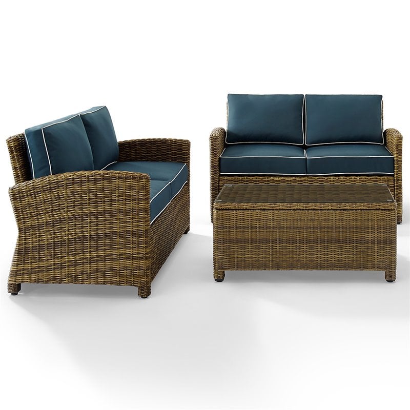 Pemberly Row 3-Piece Wicker / Rattan Patio Sofa Set in Navy/Weathered Brown