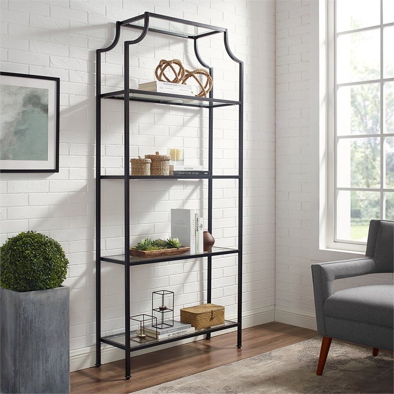 Pemberly Row Modern Metal/Glass Etagere Bookcase in Oil Rubbed Bronze/Clear