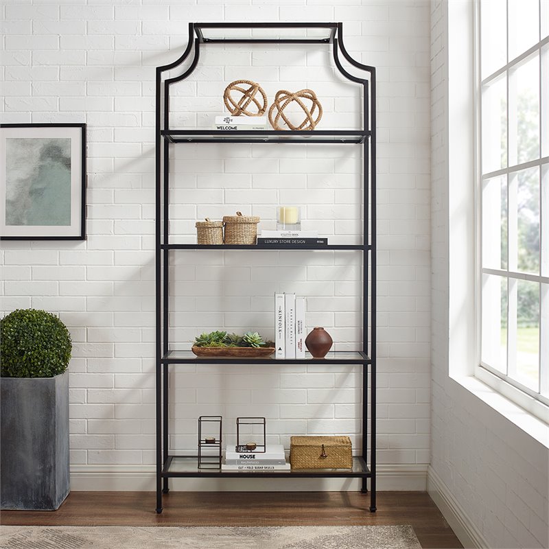 Pemberly Row Modern Metal/Glass Etagere Bookcase in Oil Rubbed Bronze/Clear