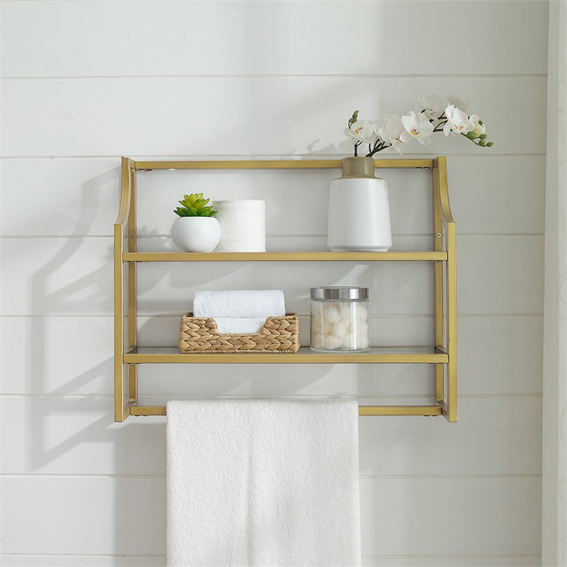 Pemberly Row 2-Shelf Modern Metal/Glass Wall Shelf in Gold/Clear