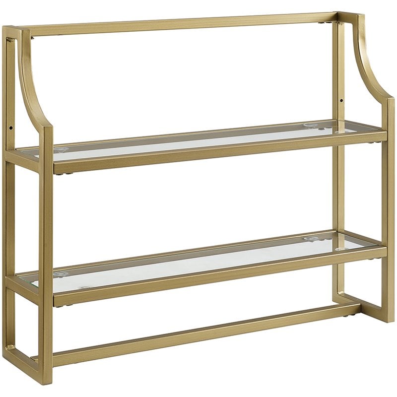 Pemberly Row 2-Shelf Modern Metal/Glass Wall Shelf in Gold/Clear