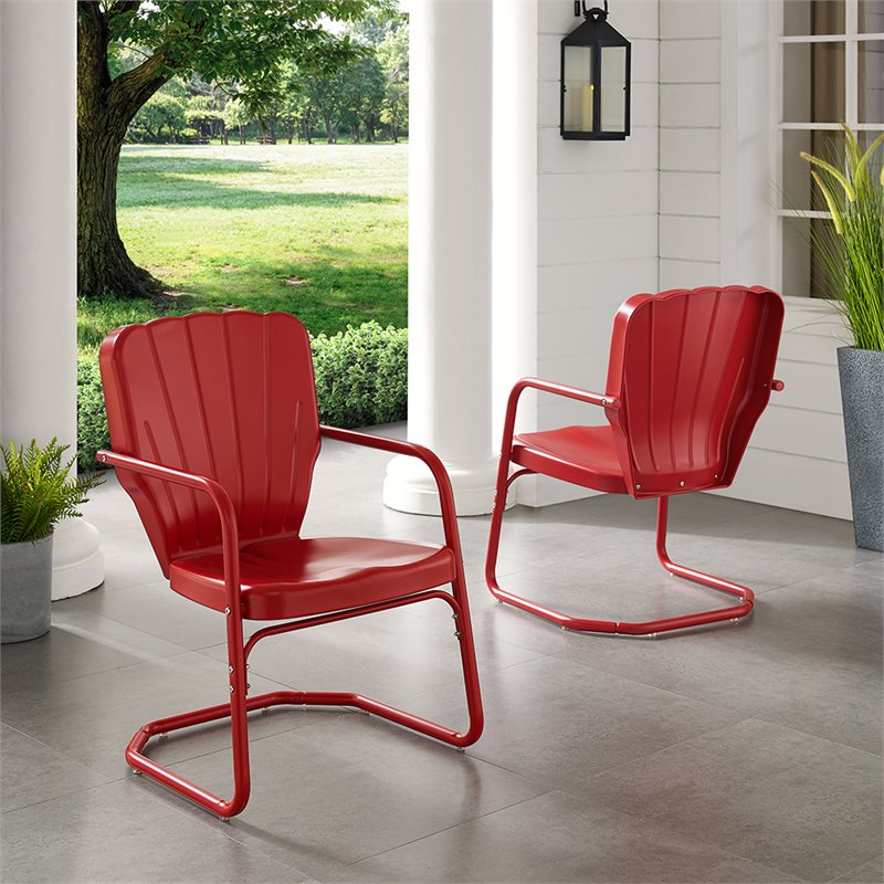 Pemberly Row Steel Metal Outdoor Chair in Bright Red Gloss (Set of 2)