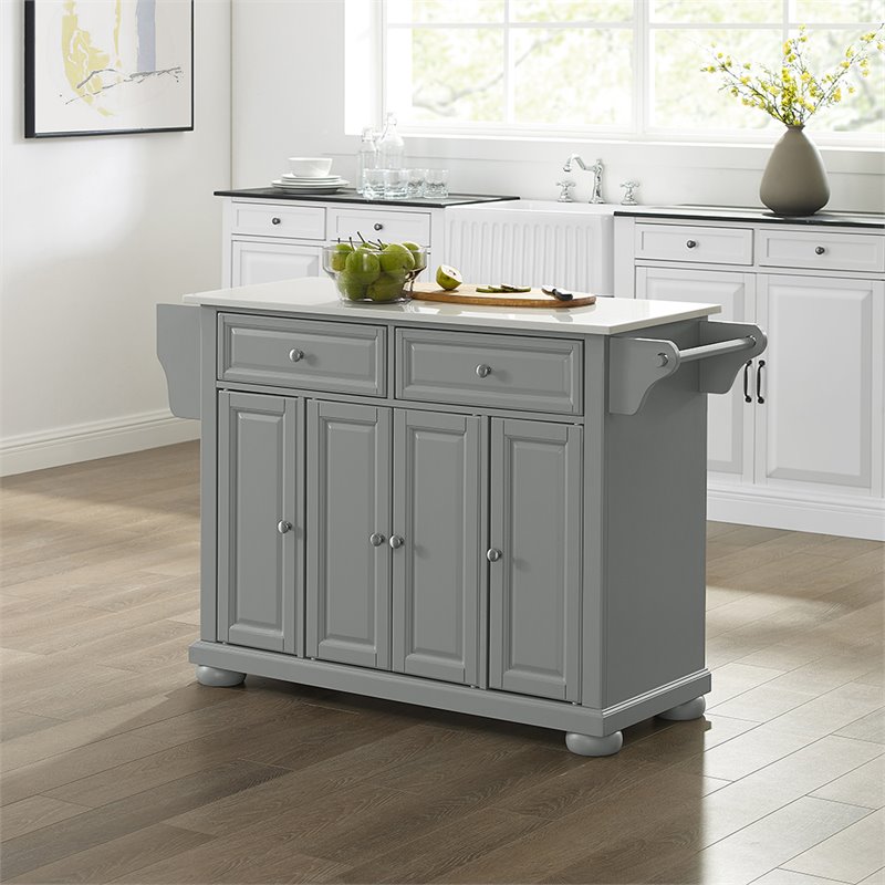 Pemberly Row Transitional Wood/Granite Kitchen Island in Gray/Chrome