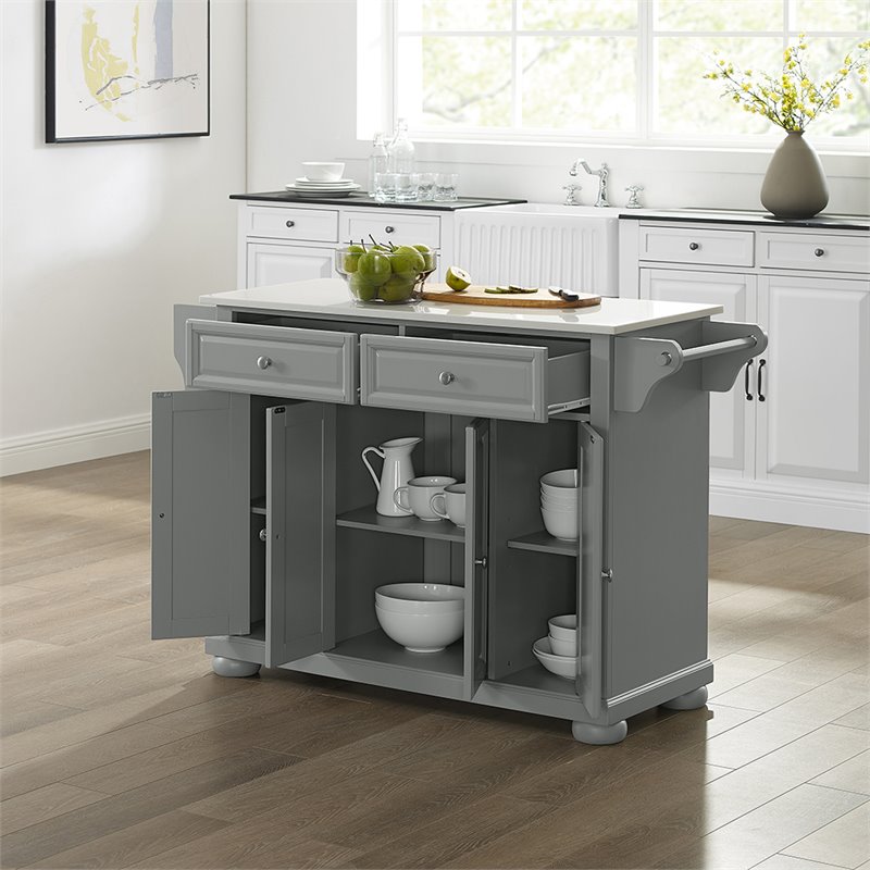 Pemberly Row Transitional Wood/Granite Kitchen Island in Gray/Chrome