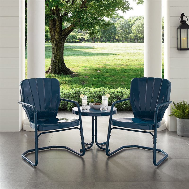 Pemberly Row 3-Piece Round Metal Patio Conversation Set in Navy Gloss