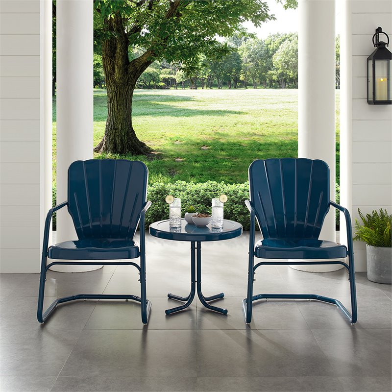 Pemberly Row 3-Piece Round Metal Patio Conversation Set in Navy Gloss