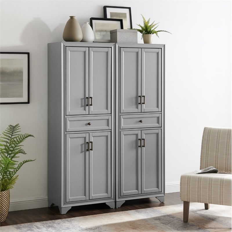 Pemberly Row 4-Door Traditional Wood Pantry Set in Distressed Gray (Set of 2)
