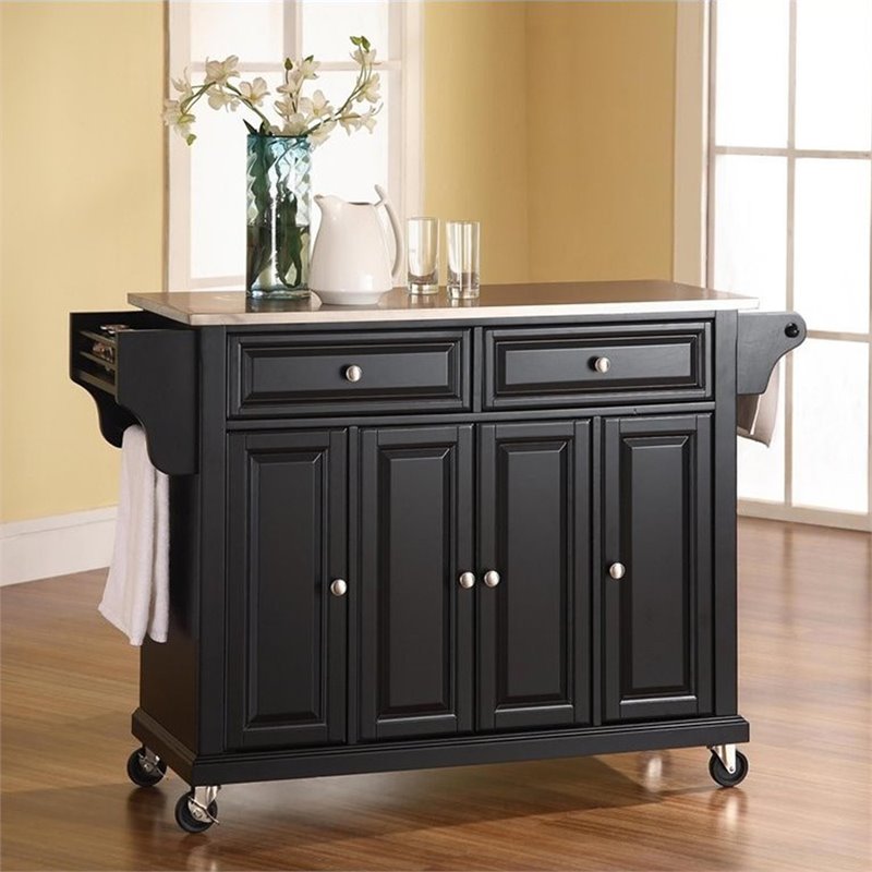 Pemberly Row Traditional Wood/Stainless Steel Top Kitchen Cart in Black