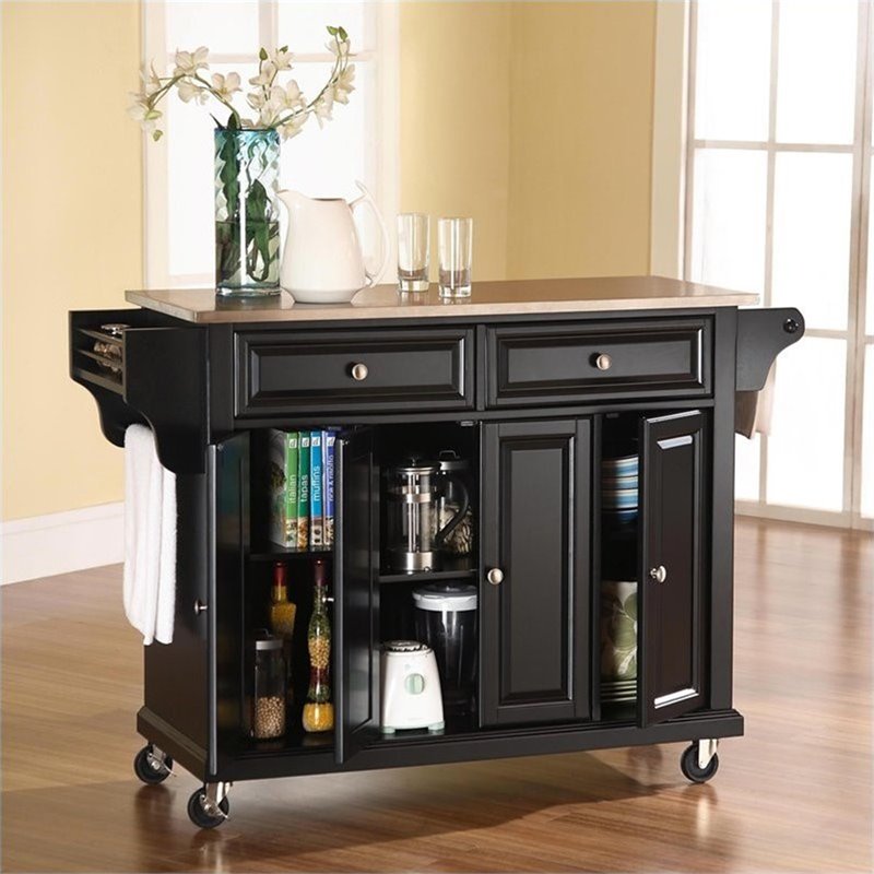 Pemberly Row Traditional Wood/Stainless Steel Top Kitchen Cart in Black