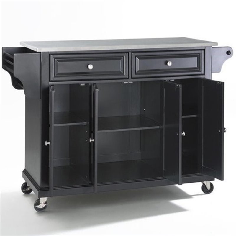 Pemberly Row Traditional Wood/Stainless Steel Top Kitchen Cart in Black
