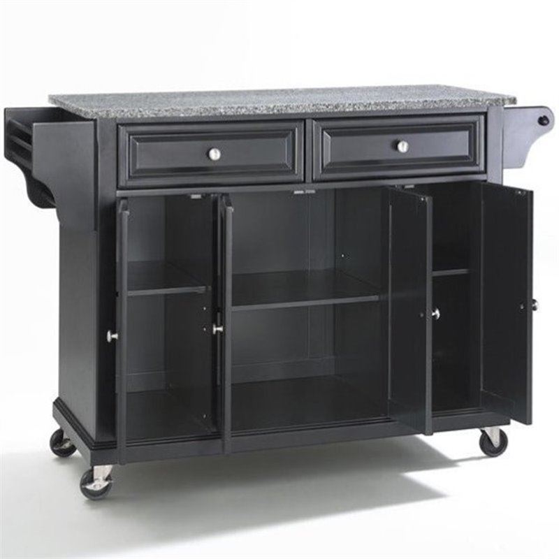 Pemberly Row Traditional Wood/Granite Top Kitchen Cart in Black/Gray