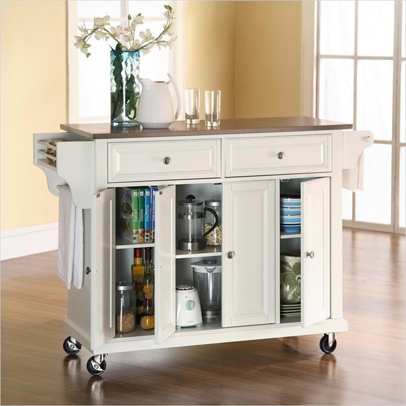 Pemberly Row Traditional Wood/Stainless Steel Top Kitchen Cart in White