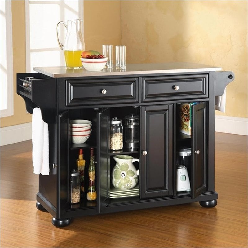 Pemberly Row Traditional Wood/Stainless Steel Top Kitchen Island in Black