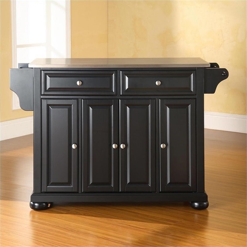 Pemberly Row Traditional Wood/Stainless Steel Top Kitchen Island in Black