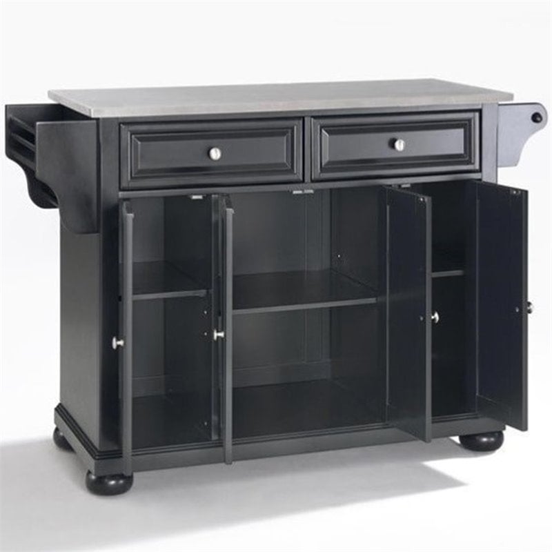 Pemberly Row Traditional Wood/Stainless Steel Top Kitchen Island in Black