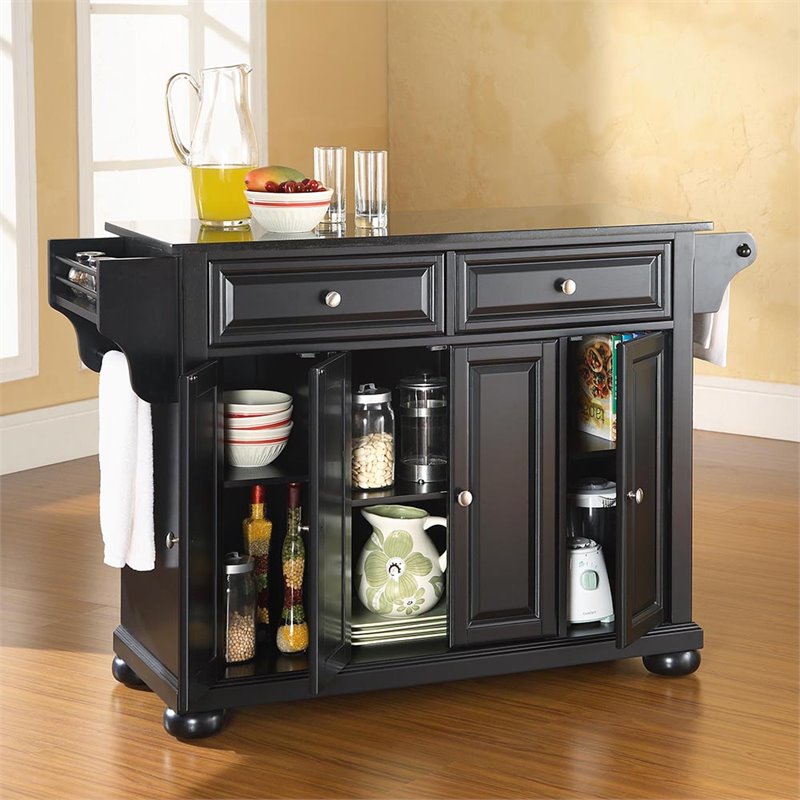 Pemberly Row Traditional Wood/Granite Top Kitchen Island in Black
