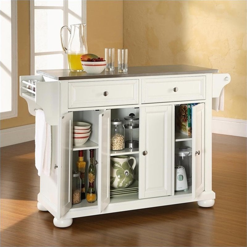 Pemberly Row Traditional Wood/Stainless Steel Top Kitchen Island in White