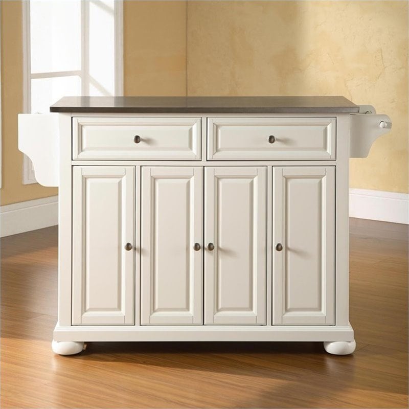 Pemberly Row Traditional Wood/Stainless Steel Top Kitchen Island in White