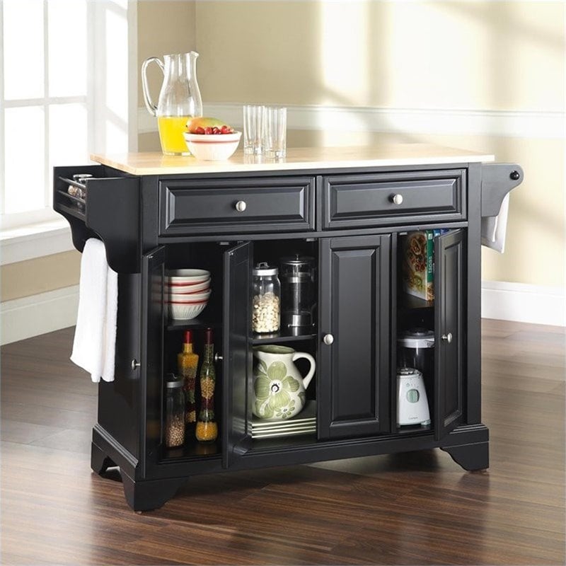 Pemberly Row Natural Wood Top Kitchen Island in Black