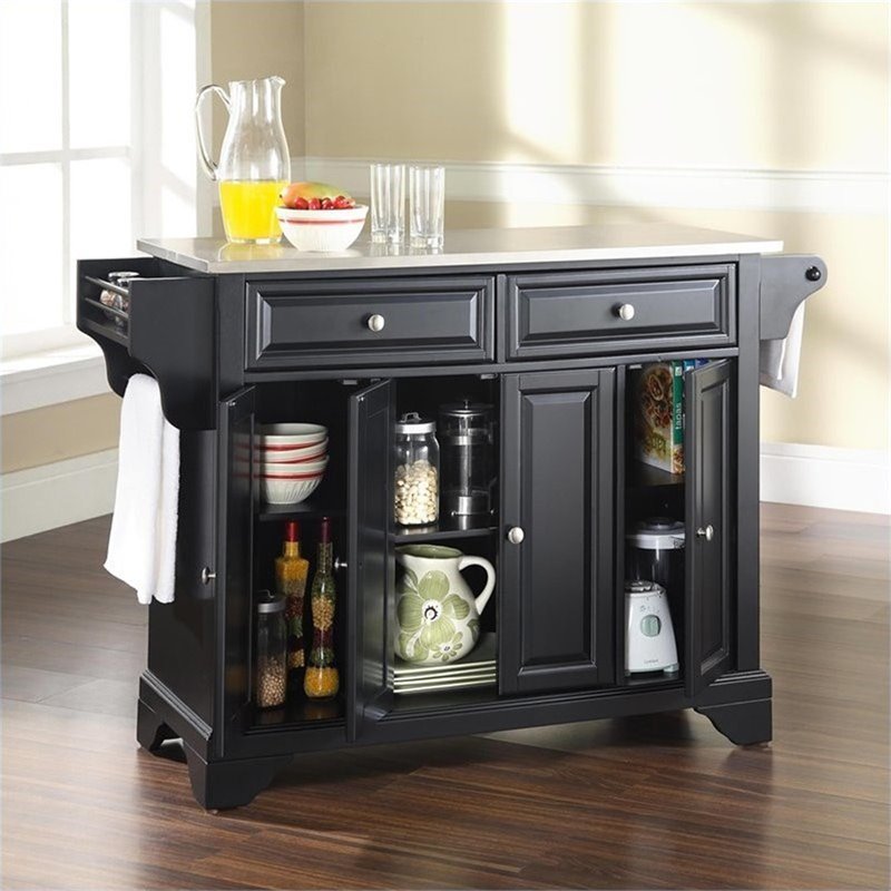 Pemberly Row Traditional Stainless Steel Top Wood Kitchen Island in Black