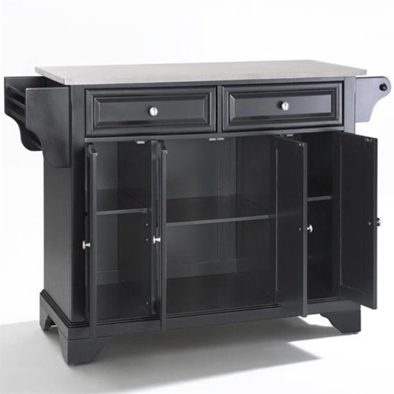 Pemberly Row Traditional Stainless Steel Top Wood Kitchen Island in Black