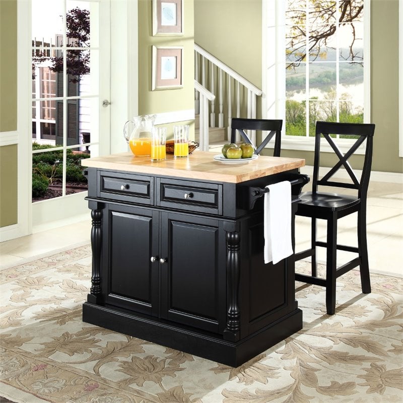 Pemberly Row Wood Butcher Block Top Kitchen Island with Stools in Black