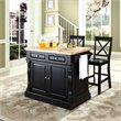 Pemberly Row Wood Butcher Block Top Kitchen Island with Stools in Black