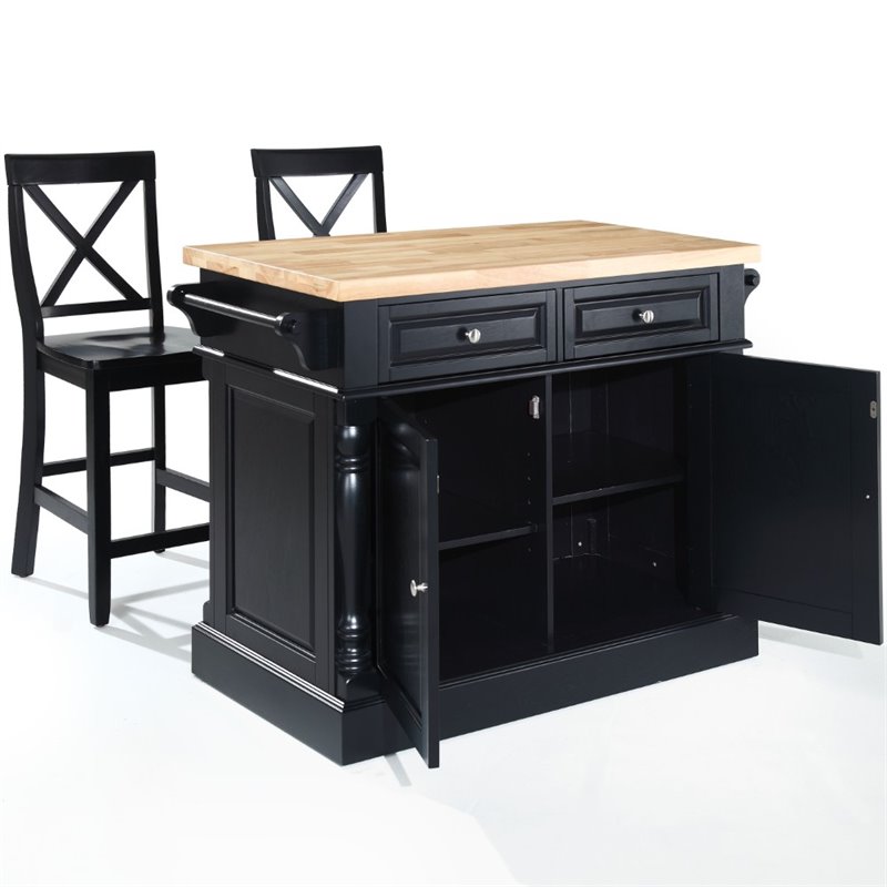 Pemberly Row Wood Butcher Block Top Kitchen Island with Stools in Black
