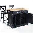 Pemberly Row Wood Butcher Block Top Kitchen Island with Stools in Black